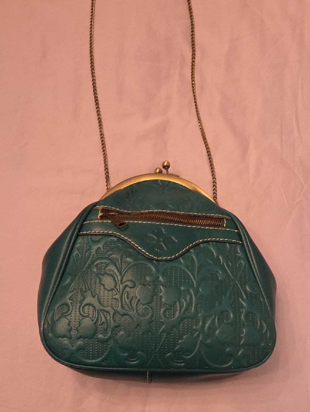 Patricia Nash Teal Embossed Leather Crossbody Bag with Chain Strap